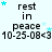 A light blue background displays repeated 'rest in peace' text with date stamps and star animations, showing subtle variations across frames.