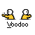 Pixel art character in yellow shirt performs sequential hand gestures with white circular head, gray background, and "Voodoo" text below.