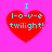 Four identical red heart-shaped icons with cyan text "I l-o-v-e twilight!" on a bright pink background, arranged in a