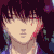 Pixelated anime-style character with dark hair and red streaks, wearing a purple garment against a dark background.