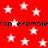 Red background with white stars and repeated black text reading 'con examplecon example' in pixelated font.