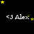 Black background with yellow stars and repeated white text '<3 Alex' in a pattern, stars animate in a scattered motion