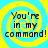Four identical display yellow spiral patterns on cyan backgrounds with black text reading "You're in my command!" in pixelated font