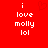 Red background with white pixelated text reading "i love molly lol" and a faint red heart outline above the text.