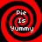 Four identical red and black spiral patterns arranged in a , each containing white text reading "Pie Is Yummy" in a pixelated font