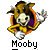 Pixelated icon of a cartoon character with brown hair, wearing an orange and purple outfit, holding a white object while standing on a white base.