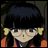 Pixelated anime-style character with black hair and yellow hair accessories, wearing an orange garment, next to stylized text on a black background.