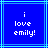 Blue background with light blue lines and white pixelated text reading 'i love emily!' in three centered lines