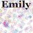A pixelated static image shows the name 'Emily' in bold black letters at the top, with a soft pastel background of blurred pink, purple, and blue shapes.