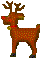 Pixelated reindeer with brown body, green and orange spots, red collar, black hooves, and antlers showing slight head turn from left to right.