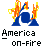 A 6-frame animated contact sheet showing a pixelated drum set engulfed in orange and yellow flames with "America on-fire" text below each frame.