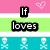 Pixelated text arranged in a with alternating pink, green, and teal background stripes containing heart and skull icons