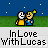 Pixel art animation of two characters under a starry sky with text "InLove WithLucas" below, showing sequential changes in background elements and character size.
