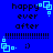 Blue background with black text 'happy ever after', a dotted line, and a smiley face; light blue square patterns animate in corners.
