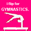 Pixelated icon with pink background showing gymnast performing a flip on a balance beam, text reads "I flip for GYMNASTICS.".