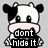 Pixelated cow icon with black-and-white patches, pink nose, and four distinct text overlays across frames.