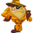 Pixelated cartoon character in orange jumpsuit and brown hat with sunglasses, standing on white background.