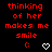 Red pixelated text on black background reads 'thinking of her makes me smile' with a red colon and white heart symbol below.