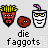 Pixel art icons display repeated character designs with text labels, including a red face with yellow hair, a white cup with purple straw, and brown round shapes, all on a light gray background.