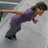 Pixelated figure in purple top and dark pants holding a long brown object, leaning forward with one arm extended.
