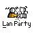 Two pixelated figures with magnifying glasses and yellow shirts face each other, one figure's body partially disintegrates into white pixels while the text 'Lan Party' appears below.