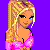 Pixel art contact sheet showing two frames of a cartoon woman in pink attire against purple background with "Pink is Pretty" text.