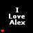 Black background with white text "I Love Alex" and orange heart symbols in varying quantities across a