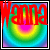 Six animated frames of a rainbow-colored contact sheet with changing text over a circular gradient background.