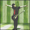 Animated sequence of a figure in black clothing with red accents holding a guitar against green striped background, text changes from 'TODAY' to 'JIMMY DIED'