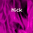 Pixelated image with three instances of the text 'Nick' in white, set against a magenta and black abstract background.