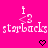 Pixelated pink background with white text and symbols, two identical side-by-side sections featuring 'i <3 starbucks' above black heart icons.