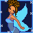 Pixel art fairy character with blue wings and dress in a 2x2 contact sheet of three animated frames showing subtle pose changes against dark background with white stars.