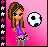 Pixelated cartoon girl with brown hair in purple crop top and black-and-white striped shorts holding a soccer ball on pink background, next to grassy field text "girls got game" and "Buddy Putty .com" logo.