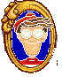 Pixelated cartoon character in gold frame with blue background, red shirt, brown hair, and red headband, showing sequential eye and mouth animation changes.