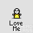 Pixelated character in yellow dress with arms outstretched, text 'Love Me' below on light gray background.
