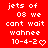 Red background with white pixelated text reading 'jets of 08 we cant wait wahnee 10-4-2' and varying symbols at the bottom of each line.