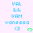 Pixelated text and symbols on a light background with green heart icons, showing repeated patterns of 'VAL && VAM' above 'vanessa' followed by '<3' and a heart symbol.
