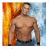 A shirtless muscular man with short dark hair stands against a split background of orange flames and blue smoke, wearing dark wristbands and a black belt.