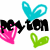 Pixelated icon with 'Meyton' text, pink heart, green leaf, and cyan spiral above; two color variations of the same design.