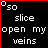 black square with white text and red underlines, displaying sequential changes in the phrase "slice open my veins" to "and let the romance bleed away." The head turns left to right