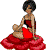 Pixelated figure with short dark hair wearing a red strapless dress with black accents, seated on a red circular base with a small brown object in hand.