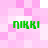 Green pixelated text 'NIKKI' appears in four positions on a pink and white checkered background.