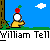 Animated contact sheet showing 14 sequential frames of a pixel art character with an apple on its head, performing actions against a blue sky background with trees and clouds.