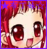 Anime-style character with red hair and large brown eyes, wearing a white top, displayed in two color variations of border and text.