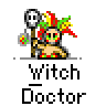 Animated pixel art contact sheet showing a witch doctor character with colorful headdress performing various actions across 10 frames on gray background.