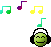 Green pixelated face with black headphones, surrounded by multicolored musical notes on gray background.