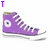 Purple high-top sneakers with white laces and soles, displayed in a of six showing text variations above each shoe