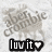 A pixelated image shows a stylized animal figure with text above it, overlaid by a black rectangular banner reading "luv it" with a white heart symbol.