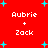 Red background with cyan plus signs and repeated white text 'Aubrie + Zack' in pixelated font.