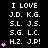 Pixel art displays 'I LOVE' text above four lines of initials with pink heart icons on a black background, varying in quantity across three